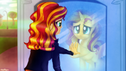 Size: 1920x1080 | Tagged: safe, artist:finalaspex, sunset shimmer, pony, unicorn, equestria girls, g4, canterlot high, clothes, cover, female, homesick shimmer, jacket, leather jacket, music, rear view, reflection, solo, underhoof