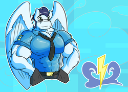 Size: 1280x920 | Tagged: safe, artist:dens-dirt, soarin', pegasus, anthro, g4, clothes, fetish, male, muscle fetish, muscles, muscular male, soaripped, solo, sunglasses, swolin', tight clothing, uniform