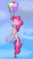 Size: 900x1630 | Tagged: safe, artist:alloco, pinkie pie, earth pony, pony, g4, balloon, eyes closed, female, floating, hooves to the chest, mare, mouth hold, sky, smiling, solo, then watch her balloons lift her up to the sky