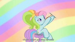Size: 1280x720 | Tagged: safe, edit, edited screencap, screencap, rainbow dash (g3), g3, g3.5, twinkle wish adventure, female, humor, lyrics, nails, paintbrush, solo, song, that's what makes a friend