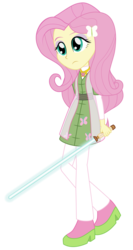 Size: 1594x3000 | Tagged: safe, artist:amante56, fluttershy, equestria girls, g4, 20th century fox, clothes, crossover, disney, element of kindness, female, healer, jedi, lightsaber, long hair, lucasfilm, raised leg, simple background, solo, star wars, transparent background