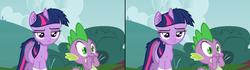 Size: 2386x670 | Tagged: safe, artist:lyracorn, edit, edited screencap, screencap, spike, twilight sparkle, feeling pinkie keen, g4, chubby, comparison, fat, female, solid sparkle, solo