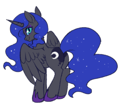 Size: 593x522 | Tagged: safe, artist:lulubell, nightmare moon, princess luna, alicorn, pony, g4, butt, eyeshadow, female, looking at you, looking back, makeup, mare, missing accessory, moonbutt, nightmare moonbutt, plot, simple background, solo, transparent background