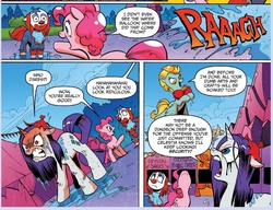Size: 1064x819 | Tagged: safe, artist:andy price, idw, official comic, lightning dust, pinkie pie, rarity, earth pony, pegasus, pony, unicorn, g4, siege of the crystal empire, spoiler:comic, spoiler:comic34, angry, balloon, balloon popping, clown, comic, female, mare, party balloon, ponified, popping, red face, running makeup, water, water balloon, wet, wet mane, wet mane rarity