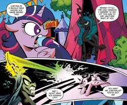 Size: 913x761 | Tagged: safe, artist:andy price, idw, official comic, queen chrysalis, twilight sparkle, alicorn, changeling, changeling queen, pony, g4, siege of the crystal empire, spoiler:comic, spoiler:comic34, comic, duo, female, magic beam, magic blast, mare, tent, twilight sparkle (alicorn)