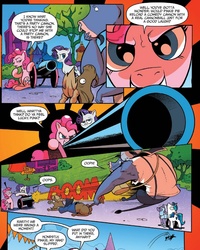 Size: 658x822 | Tagged: safe, artist:andy price, idw, official comic, bertha, iron will, pinkie pie, rarity, shining armor, earth pony, goat, minotaur, pony, unicorn, g4, siege of the crystal empire, spoiler:comic, spoiler:comic34, cannon, clothes, comic, dirty harry, female, male, mare, nose piercing, nose ring, party cannon, piercing, septum piercing, violence