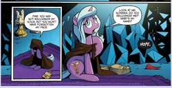 Size: 943x482 | Tagged: safe, artist:andy price, idw, official comic, radiant hope, pony, unicorn, g4, siege of the crystal empire, spoiler:comic, spoiler:comic34, candle, cloak, clothes, colored horn, comic, curved horn, disembodied horn, female, horn, mare, offscreen character, poach, sombra's horn, speech bubble