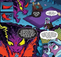 Size: 884x825 | Tagged: safe, artist:andypriceart, idw, official comic, king sombra, radiant hope, pony, umbrum, unicorn, g4, siege of the crystal empire, spoiler:comic, spoiler:comic34, book, candle, cloak, clothes, colored horn, comic, curved horn, disembodied horn, female, floating horn, horn, mare, sombra's horn