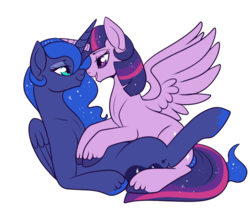 Size: 600x509 | Tagged: safe, artist:lulubell, princess luna, twilight sparkle, alicorn, pony, g4, female, lesbian, mare, ship:twiluna, shipping, simple background, transparent background, twilight sparkle (alicorn)