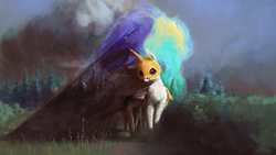 Size: 3000x1686 | Tagged: safe, artist:sharpieboss, princess celestia, princess luna, g4, eyes closed, forest, mask