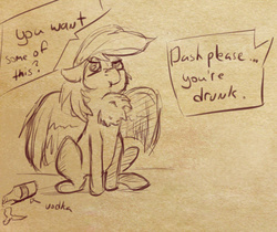 Size: 849x714 | Tagged: safe, artist:post-it, rainbow dash, oc, oc:anon, human, g4, behaving like a bird, chest fluff, drunk, drunker dash, monochrome, partially open wings, peacocking, sketch, threat display, vodka, wings