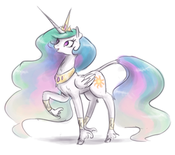 Size: 1000x888 | Tagged: safe, artist:king-kakapo, princess celestia, alicorn, classical unicorn, pony, g4, chest fluff, cloven hooves, cute, cutelestia, female, horn, leonine tail, raised hoof, solo, unshorn fetlocks