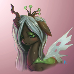 Size: 1896x1896 | Tagged: safe, artist:mrs1989, queen chrysalis, changeling, changeling queen, g4, blushing, chromatic aberration, female, floppy ears, sad, solo