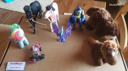 Size: 1315x739 | Tagged: safe, rainbow dash, horse, g4, batman, beanie (plushie), horse-pony interaction, irl, kleptokitty, news report, photo, plushie, toy, ty