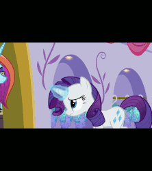 Size: 768x864 | Tagged: safe, edit, screencap, rarity, sassy saddles, canterlot boutique, g4, animated, balcony, clothes, dress, female, frown, looking away, looking down, looking up, magic, princess dress, raised eyebrow, role reversal, telekinesis, walking