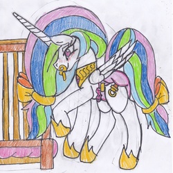 Size: 2463x2449 | Tagged: safe, artist:cuddlelamb, princess celestia, g4, adult foal, crib, diaper, female, high res, non-baby in diaper, pacifier, solo, traditional art