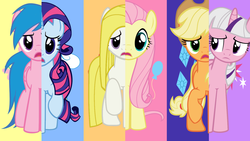 Size: 1600x900 | Tagged: safe, artist:blah23z, edit, applejack, applejack (g1), firefly, fluttershy, pinkie pie, posey, rainbow dash, rarity, sparkler (g1), surprise, twilight, twilight sparkle, pony, g1, g4, magical mystery cure, female, g1 six, g1 to g4, generation leap, mane six, mare, recolor, surprisamena, what my cutie mark is telling me