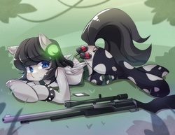 Size: 1280x986 | Tagged: safe, artist:freedomthai, oc, oc only, oc:precious, pegasus, pony, belt, bracelet, clothes, commission, cosplay, costume, female, gun, headphones, hooves, ipod, konami, looking at you, lying down, mare, metal gear, metal gear solid 5, optical sight, quiet (metal gear), rifle, sniper rifle, solo, spiked wristband, torn clothes, weapon, wings