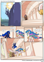 Size: 955x1351 | Tagged: safe, artist:mysticalpha, princess celestia, princess luna, alicorn, pony, comic:day in the lives of the royal sisters, g4, canterlot, canterlot castle, comic, crown, cute, cutelestia, dialogue, donut, eyes closed, female, flying, horseshoes, jewelry, mare, open mouth, peytral, raised hoof, regalia, rekt, scrunchy face, speech bubble, spread wings, sun, tackle, underhoof, wavy mouth