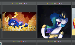 Size: 552x336 | Tagged: safe, artist:2snacks, artist:anticular, princess celestia, princess luna, derpibooru, g4, banana, evil laugh, exploitable meme, juxtaposition, juxtaposition win, lunabuse, meme, meta, nightmare, open mouth, pure unfiltered evil, snaplestia