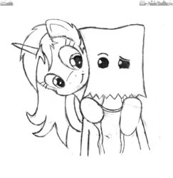 Size: 1192x1228 | Tagged: safe, artist:fuzzy-maiden, lyra heartstrings, oc, oc:anon, human, pony, unicorn, g4, duo, grayscale, looking at each other, monochrome, paper bag, raised eyebrow, request, simple background, sketch, smiling, traditional art, white background