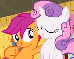 Size: 663x528 | Tagged: safe, screencap, scootaloo, sweetie belle, pegasus, pony, unicorn, g4, sleepless in ponyville, bipedal, cropped, duo, duo female, eyes closed, female, filly, foal, nose wrinkle, scrunchy face