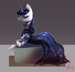Size: 4462x4307 | Tagged: safe, artist:alumx, moonlight raven, pony, unicorn, canterlot boutique, g4, 30 minute art challenge, absurd resolution, clothes, dress, female, goth pony, mare, over the moon, prone, solo