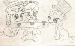 Size: 2420x1505 | Tagged: safe, artist:chronicle23, apple bloom, scootaloo, sweetie belle, g4, cutie mark crusaders, hat, monochrome, monocle, sitting, tea party, top hat, traditional art