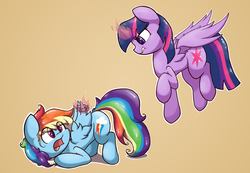 Size: 2796x1934 | Tagged: safe, artist:luxaestas, rainbow dash, twilight sparkle, alicorn, pony, g4, arrested, cute, dashabetes, duo, female, magic, mare, telekinesis, twiabetes, twilight sparkle (alicorn), wing cuffs