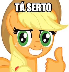 Size: 684x720 | Tagged: safe, applejack, g4, female, hand, image macro, meme, misspelling, portuguese, proposital misspelling, solo