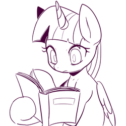 Size: 1600x1600 | Tagged: safe, artist:maren, twilight sparkle, alicorn, pony, g4, adorkable, book, cute, dork, female, hoof hold, lineart, mare, monochrome, reading, solo, twiabetes, twilight sparkle (alicorn), wide eyes