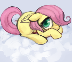 Size: 642x550 | Tagged: safe, artist:kei05, fluttershy, g4, cloud, cloudy, cute, female, filly, prone, shyabetes, solo, younger