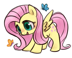 Size: 570x462 | Tagged: dead source, safe, artist:kei05, fluttershy, butterfly, pegasus, pony, g4, cute, female, mare, open mouth, open smile, shyabetes, simple background, smiling, solo, spread wings, white background, wings