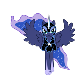 Size: 1207x1223 | Tagged: safe, artist:8-notes, princess luna, fall of the crystal empire, g4, armor, fan animation, female, inkscape, looking at you, simple background, solo, spread wings, transparent background, vector, walking, warrior