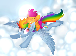Size: 4500x3300 | Tagged: safe, artist:scarlet-spectrum, rainbow dash, scootaloo, pegasus, pony, g4, cloud, cloudy, duo, duo female, eyes closed, female, flying, looking at someone, scootaloo riding rainbow dash, scootalove, sky, smiling, spread wings, sun, wings