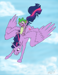 Size: 1487x1937 | Tagged: safe, artist:carnivorouscaribou, spike, twilight sparkle, alicorn, dragon, pony, g4, cute, dragons riding ponies, female, flying, mare, riding, spike riding twilight, twilight sparkle (alicorn)