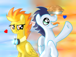Size: 600x450 | Tagged: safe, artist:ognifireheart, soarin', spitfire, pegasus, pony, g4, female, goggles, male, mare, pie, ship:soarinfire, shipping, stallion, straight, that pony sure does love pies