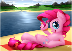 Size: 1600x1131 | Tagged: safe, artist:wreky, pinkie pie, earth pony, pony, g4, beach towel, chest fluff, cup, drink, ear fluff, female, hoof hold, lake, leg fluff, mare, open mouth, profile, solo