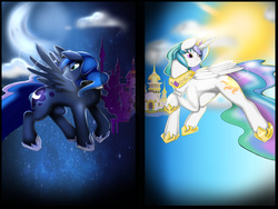 Size: 3850x2888 | Tagged: safe, artist:handmantoot, princess celestia, princess luna, g4, canterlot, high res, moon, raised hoof, spread wings, sun