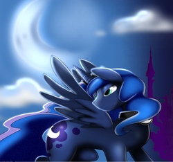 Size: 843x790 | Tagged: safe, artist:handmantoot, princess luna, g4, canterlot, female, moon, night, solo, spread wings