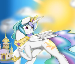 Size: 925x788 | Tagged: safe, artist:handmantoot, princess celestia, g4, canterlot castle, female, raised hoof, solo, sun