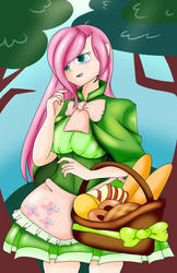 Size: 792x1224 | Tagged: safe, artist:handmantoot, fluttershy, human, g4, basket, cape, clothes, dress, female, humanized, picnic basket, solo