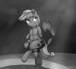 Size: 1000x900 | Tagged: dead source, safe, artist:keeponhatin, applejack, earth pony, semi-anthro, g4, crepuscular rays, female, grayscale, hat, hatless, mare, missing accessory, monochrome, sitting, smirk, solo, stool