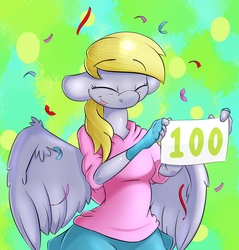 Size: 3093x3238 | Tagged: safe, artist:thederpyenthusiast, derpy hooves, anthro, g4, clothes, confetti, eyes closed, female, fingerless gloves, gloves, high res, milestone, sign, solo, spread wings, tongue out
