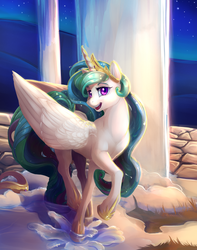 Size: 2000x2536 | Tagged: safe, artist:viwrastupr, princess celestia, alicorn, pony, g4, cute, cutelestia, female, high res, looking at you, mare, night, open mouth, pretty, raised hoof, smiling, solo