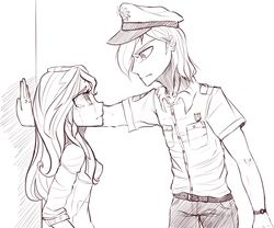 Size: 1200x1000 | Tagged: safe, artist:zorbitas, shining armor, sunset shimmer, human, fanfic:fractured sunlight, g4, crying, fanfic art, humanized, kabedon, monochrome, police officer