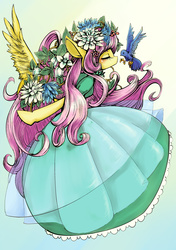 Size: 2039x2894 | Tagged: safe, artist:unousaya, fluttershy, bird, pegasus, semi-anthro, g4, arm hooves, clothes, dress, flower, flower in hair, high res, imminent kissing