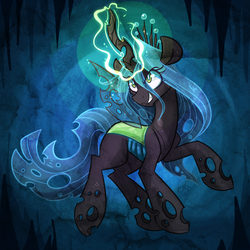 Size: 600x600 | Tagged: safe, artist:azimooth, queen chrysalis, changeling, changeling queen, g4, cave, crown, fangs, female, glowing horn, horn, jewelry, magic, regalia, smiling, solo, wings