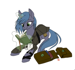 Size: 934x862 | Tagged: safe, artist:sourcherry, oc, oc only, oc:moonlight grimoire, alicorn, pony, fallout equestria, alicorn oc, book, clothes, commission, leather jacket, reading, saddle bag, solo