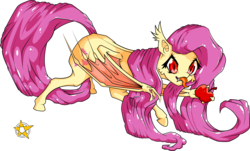 Size: 2952x1780 | Tagged: safe, artist:amberpendant, fluttershy, bat pony, pony, g4, apple, female, flutterbat, simple background, solo, transparent background